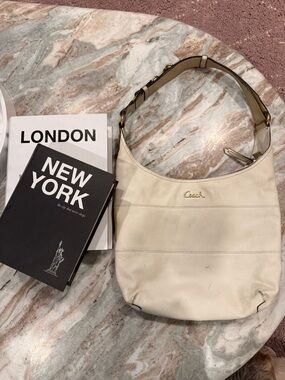 Coach Cream Leather Shoulder Hobo Bag with Gold-Tone Logo